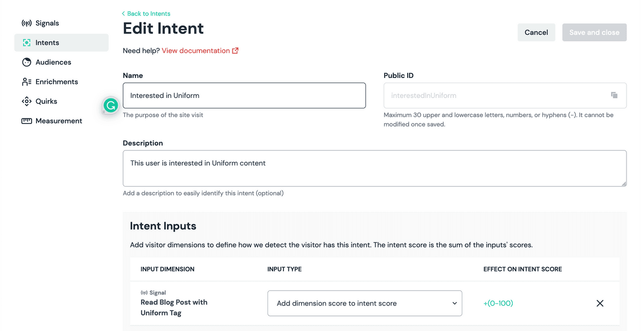 Intent configuration in Uniform